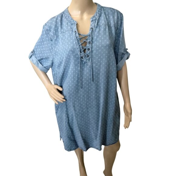 Philosophy Blue Denim Lace-Up Polka Dot Tunic Dress With Rolled Sleeves Size XXL - Picture 2 of 7